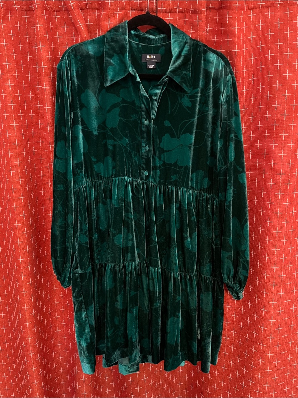 Maeve Emerald Green Velvet Tiered Shirt Dress